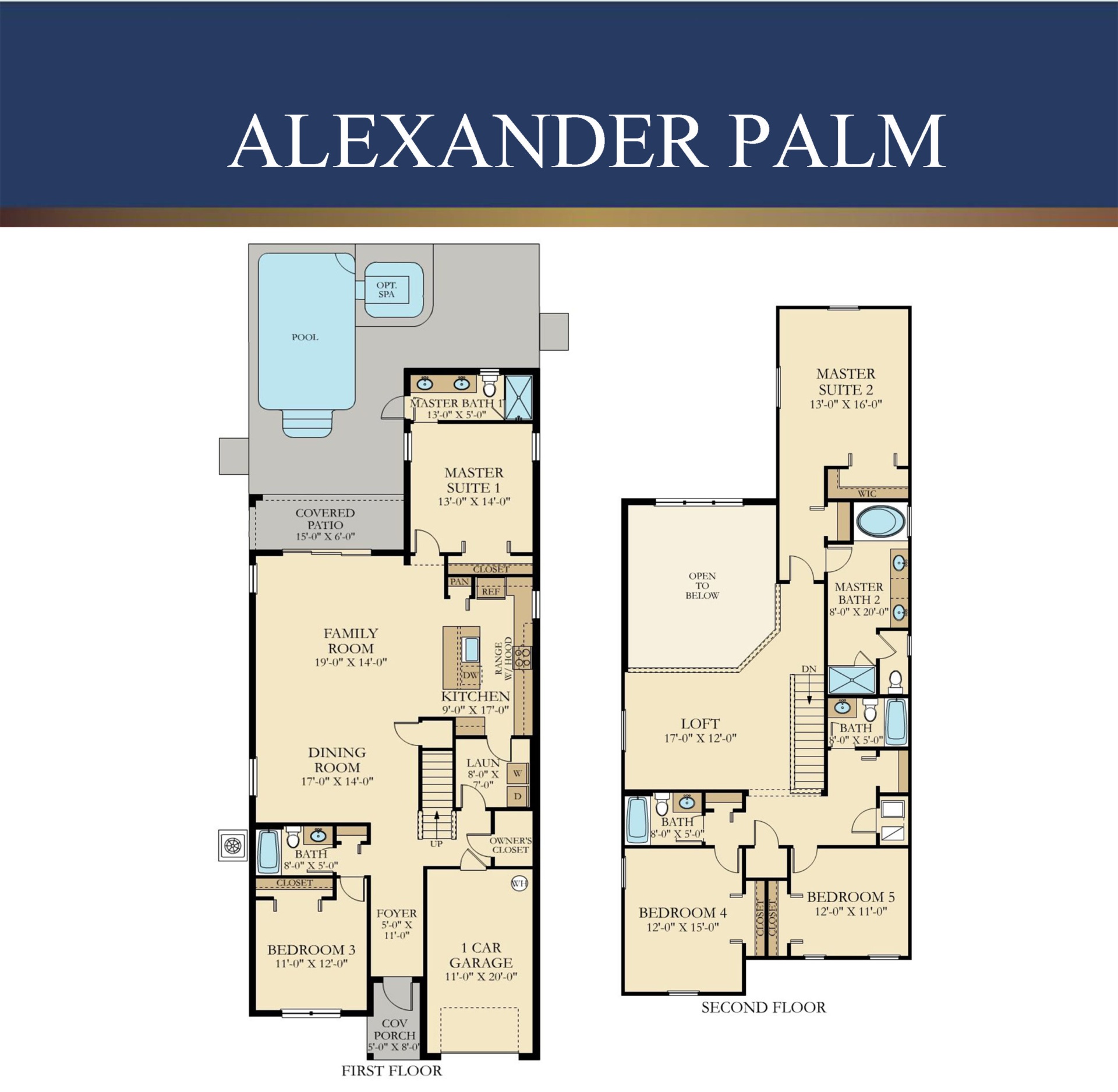 The Alexander Palm floor plan — 5 bedroom, 4 bath, 2,850 sq ft home at Storey Lake Resort