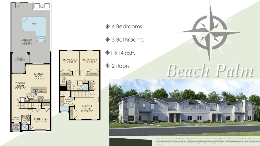 The Beach Palm floor plan — 4 bedroom, 3 bath, 1,914 sq ft townhome at Storey Lake Resort