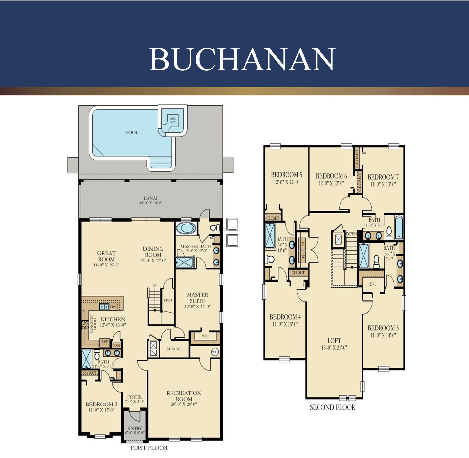 The Buchanan (Luxury Villa) floor plan — 7 bedroom, 5 bath, 3,700 sq ft home at Storey Lake Resort