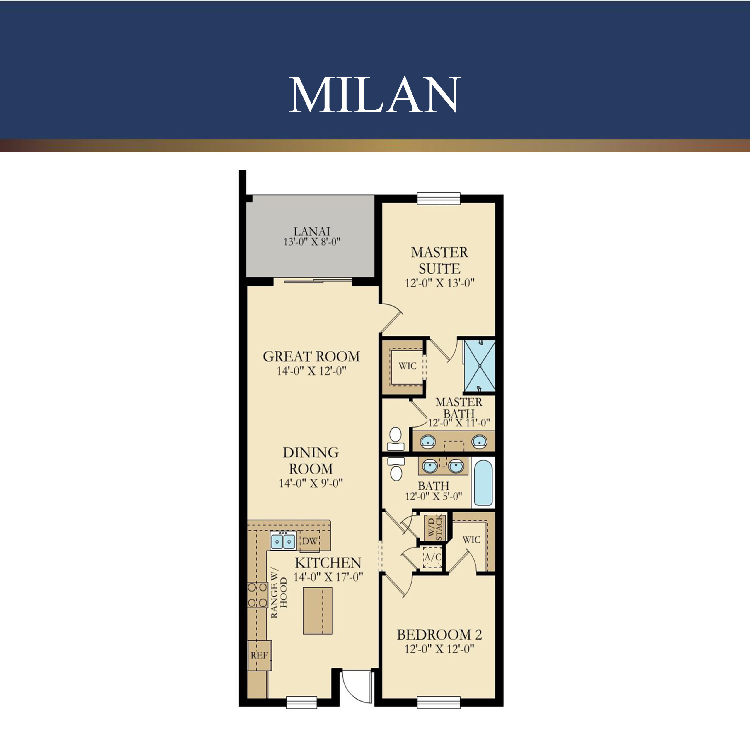 The Milan floor plan — 2 bedroom, 2 bath, 1,194 sq ft condo at Storey Lake Resort