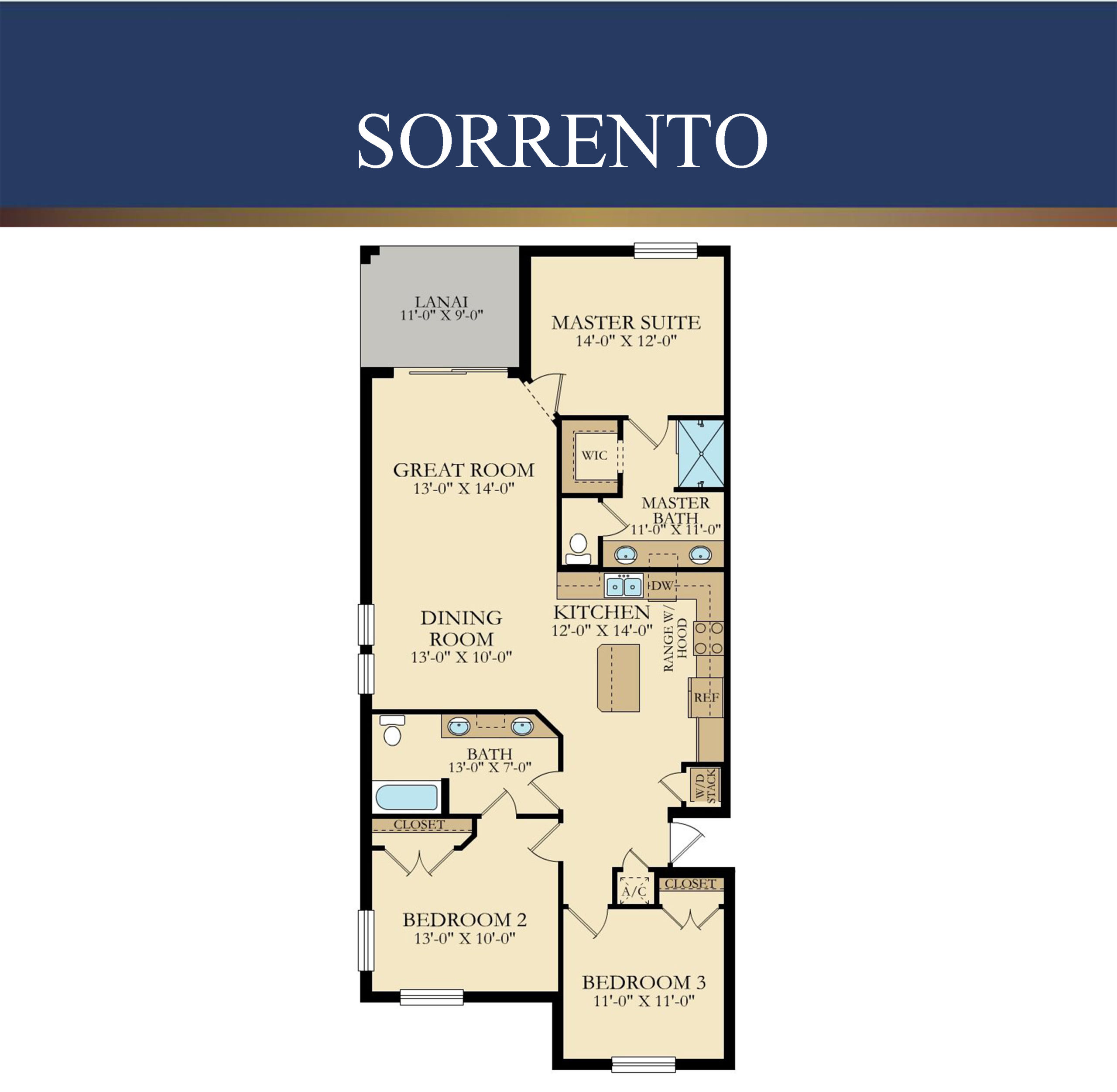 The Sorrento floor plan — 3 bedroom, 2 bath, 1,428 sq ft condo at Storey Lake Resort