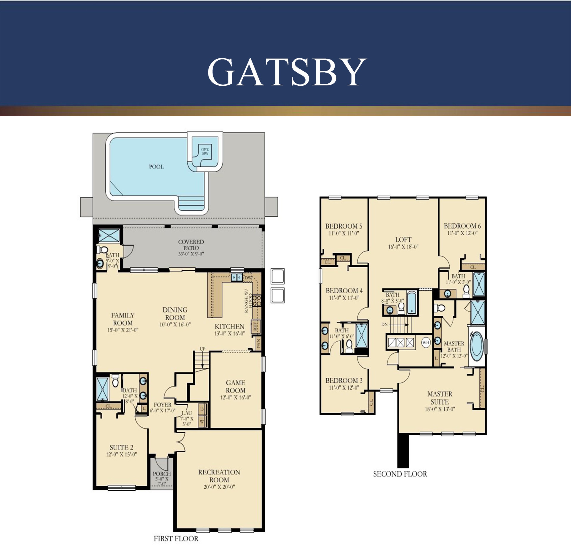 The Gatsby (Luxury Villa) floor plan — 6 bedroom, 6 bath, 3,500 sq ft home at Storey Lake Resort