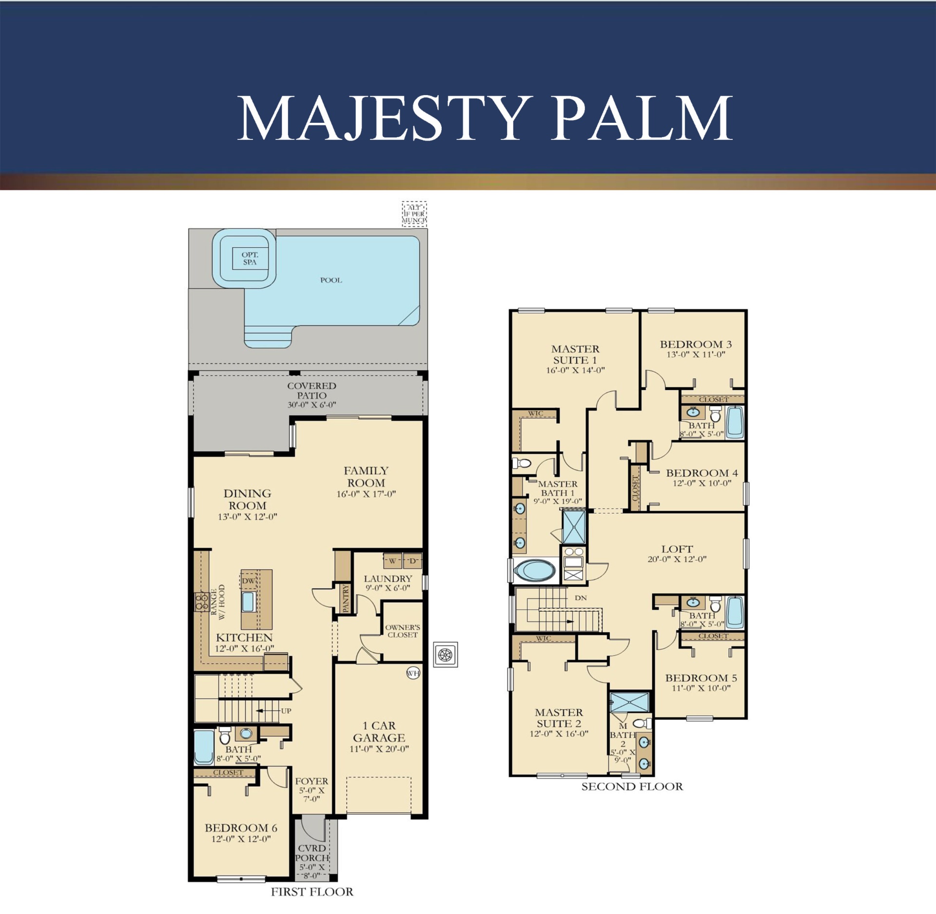 The Majesty Palm floor plan — 6 bedroom, 5 bath, 3,200 sq ft home at Storey Lake Resort