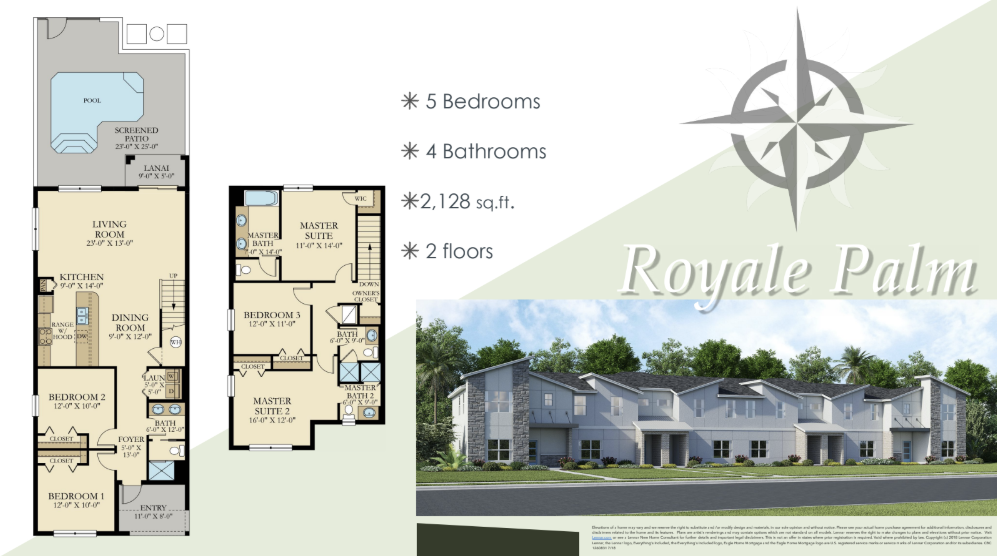 The Royale Palm floor plan — 5 bedroom, 4 bath, 2,128 sq ft townhome at Storey Lake Resort