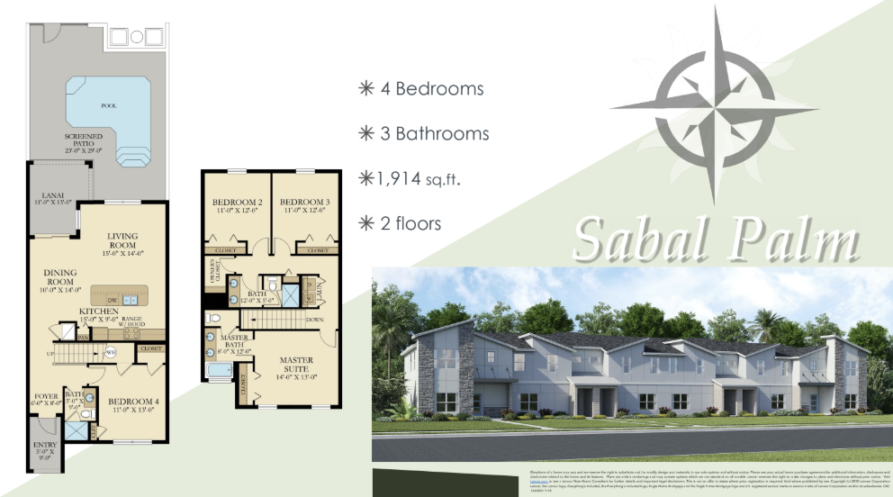 The Sabal Palm floor plan — 4 bedroom, 3 bath, 1,914 sq ft townhome at Storey Lake Resort