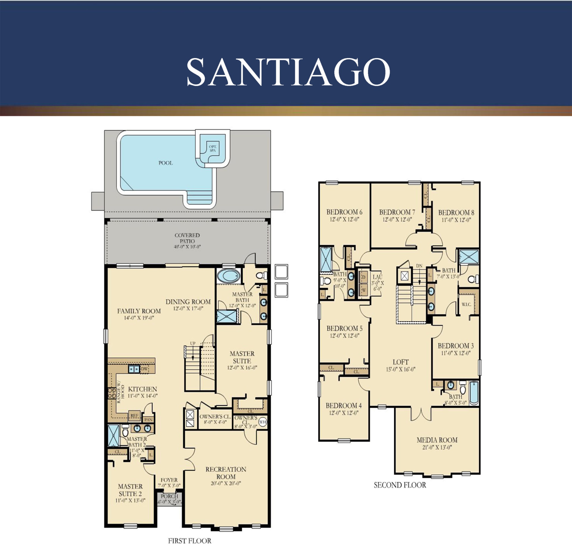 The Santiago (Luxury Villa) — 8-9 Bed floor plan — 8-9 bedroom, 6 bath, 4,000-4,300 sq ft home at Storey Lake Resort