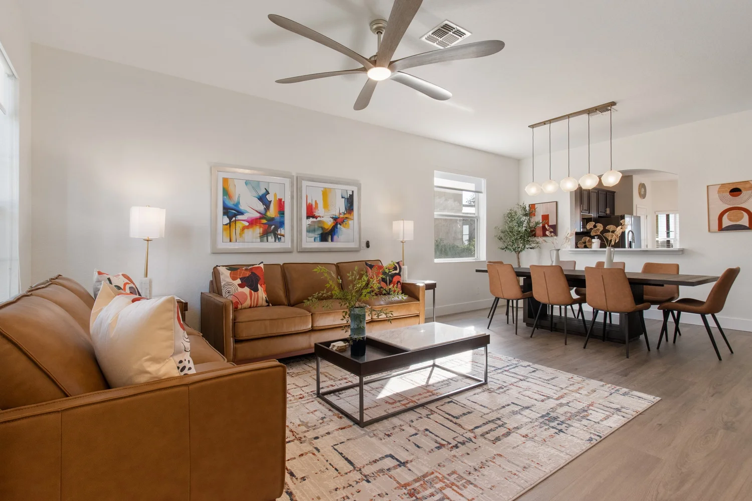 Professionally staged vacation rental living and dining room
